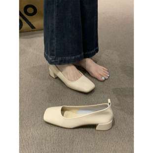 Dryworld French Flats Women's Shoes Spring and Summer New Style Simple Work Clothing Versatile Square Toe Shallow Mouth Thick Heel Elegant Scoop Shoes