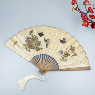 8inch Retro Fan Folding Fan Double-Sided Chinese Style Men's and Women's Han Dynasty Cheongsam Cat Butterfly Summer Daily Use Lingzhi