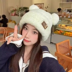 秋と冬の厚みのあるぬいぐるみクマの帽子、女性用、韓国スタイル、ファッショナブルで甘い、多用途、顔が見える、暖かく防風性のあるニット帽