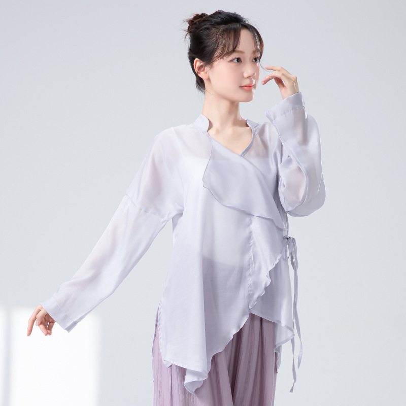 女性用モダンダンス服、新しいゆったりとしたレースアップスタンドカラーブラウス、エレガントなデイリーパフォーマンス服、長袖練習服トップス|undefined