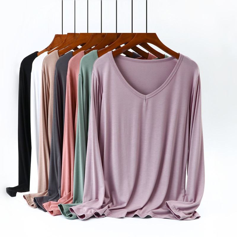 V-Neck Modal Long-Sleeve T-Shirt for Women, Autumn and Winter Thin Base Layer, Loose Versatile Solid Color Plus-Size Top V-Neck Modal Long-Sleeve T-Shirt for Women, Autumn and Winter Thin Base Layer, Loose Versatile Solid Color Plus-Size Top
