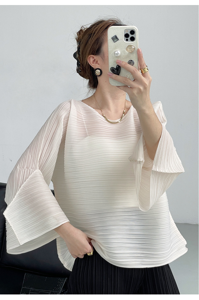 Áo thun nữ dài tay cổ tròn xếp ly giảm béo phong cách Miyake — Màu xanh lam nhạt chi tiết 9