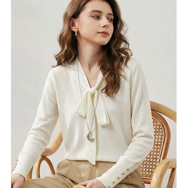 【Lang*Dingdan】Elegant Wool Sweater 2026 Spring and Autumn Women's Long Sleeve Button Knit Ribbon V-Neck Base Sweater 【Lang*Dingdan】Elegant Wool Sweater 2026 Spring and Autumn Women's Long Sleeve Button Knit Ribbon V-Neck Base Sweater