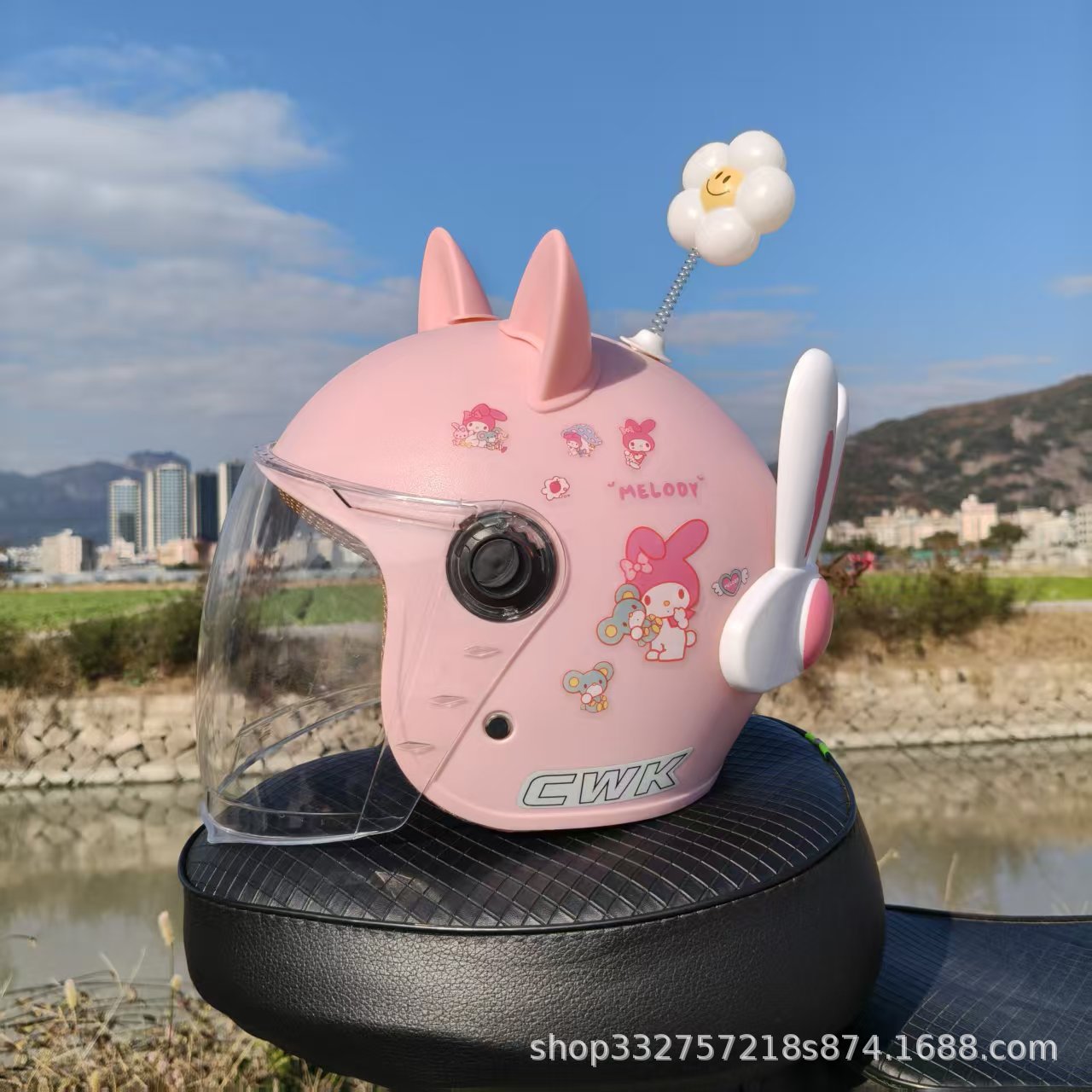 Motorcycle Helmet, Motuoche Motosiklet kaskı (dəbilqə) - peach-pink-melody-hd-long-visor-pink-cat-ears-small-flower-white-rabbit-ears-1-5-years-old-toddler-winter-helmet