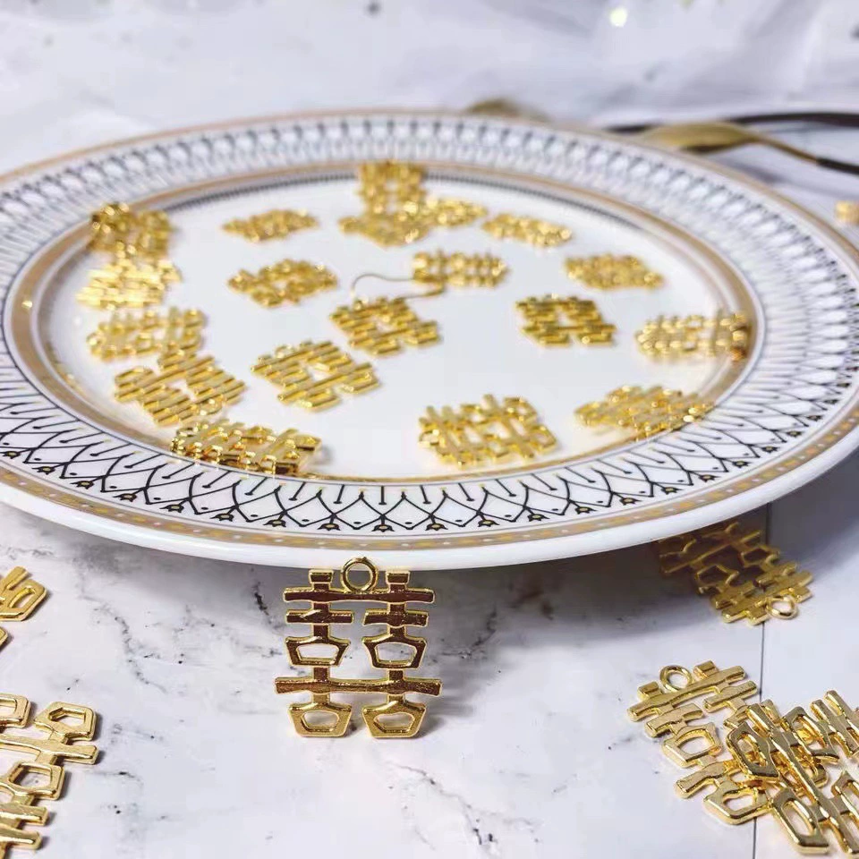 Подвеска «Двойное счастье», украшение для свадебной коробки для конфет, металлический аксессуар, золотая подвеска «Двойное счастье» для самостоятельного изготовления конфетных пакетов, подвеска «Двойное счастье» для свадьбы.