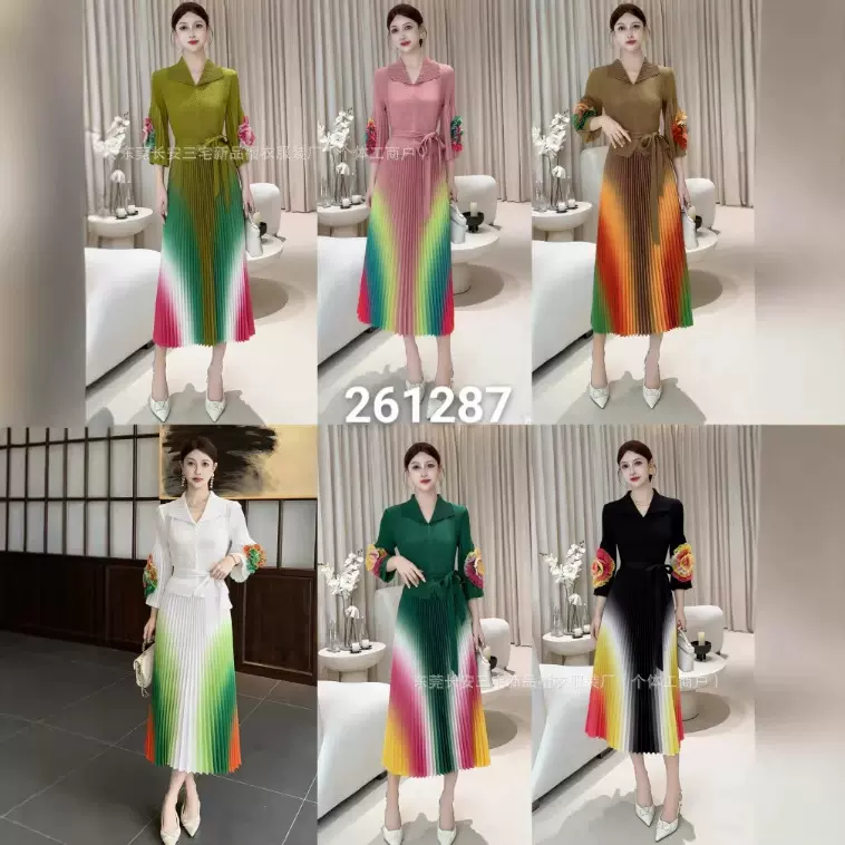 欧美非洲跨境褶皱大码连衣裙时尚彩虹渐变色宽松气质优雅女装长裙