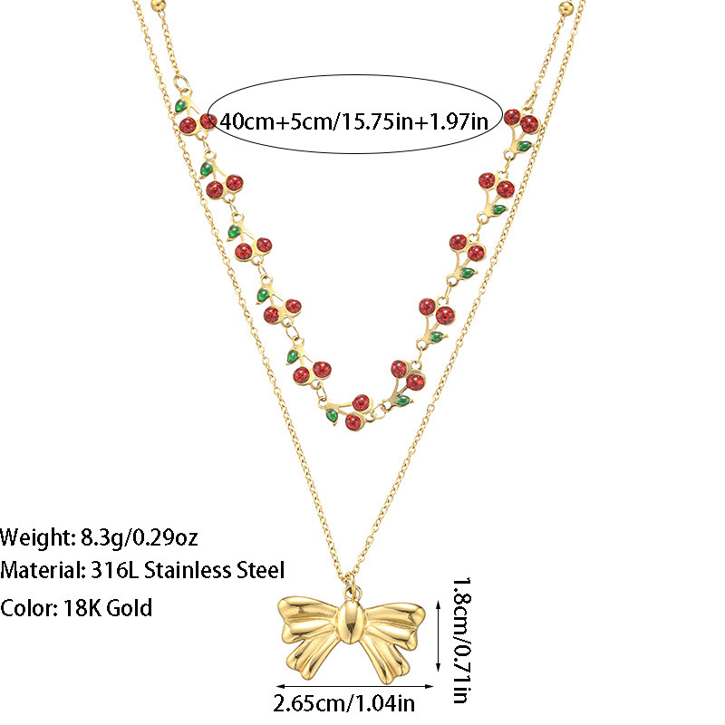 All Seasons Season Women's Gender 18K Gold Plated 316L Stainless Steel Gem Cherry Bow Knot Waterproof Non Tarnish Surgical Steel Sweet IG Style Cable Chain Double Layer Necklaces Multi Charms Necklace For Women's