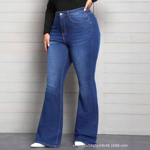 Blue denim mid-rise bell-bottom pants from TEMUSHEINTK's independent store in Europe and America