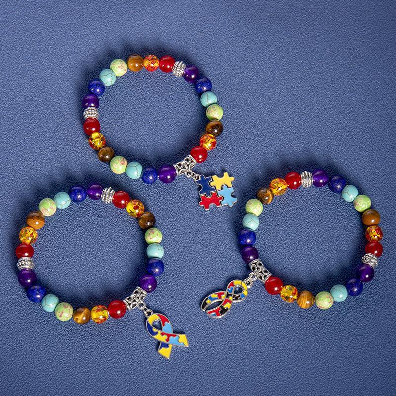 Cross-Border Hot Selling Natural Stone Colorful Yoga Bracelet Care Heart Ribbon Pendant Bracelet