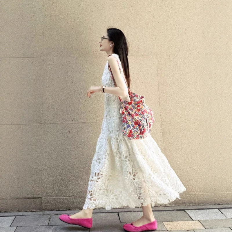 Resort Style Heavy Embroidery Cut Out Sleeveless Dress Long Skirt