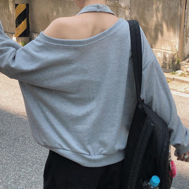 跨境欧美秋冬女装条纹印花挂脖露肩假两件上衣辣妹宽松休闲卫衣女|undefined