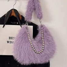 2024秋冬新款毛茸茸包小众设计仿狐狸毛腋下包珍珠链单肩包毛毛包