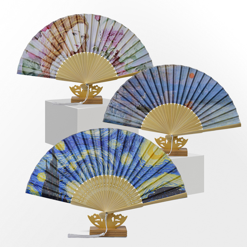 Dos de bambú verde hueso plano ventilador de hilo europeo famoso ventilador plegable pintura amanecer impresión señora seda ventilador 21cm plana