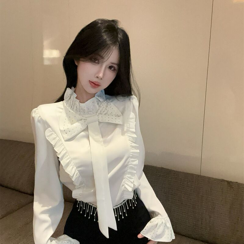 Shanli Dadi Little Chanel Style Heavy Rhinestone Satin Shirt for Women Early Spring Bowknot Half-Turtleneck Top with Ruffled Hem