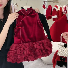 【Instant Delivery】Girls' Winter Fleece New Year Outfit Red Chinese Style Cheongsam with Rose Edge Dress with Backless Top
