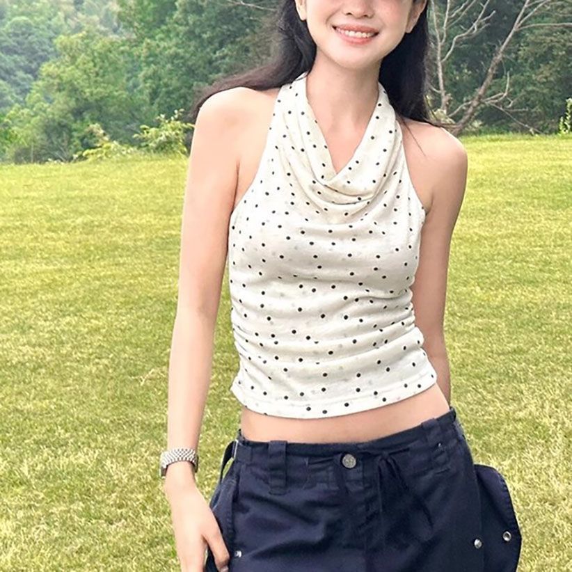 【20件包邮】法式波点荡领吊带韩版简约背心夏季纯欲露背绝美上衣