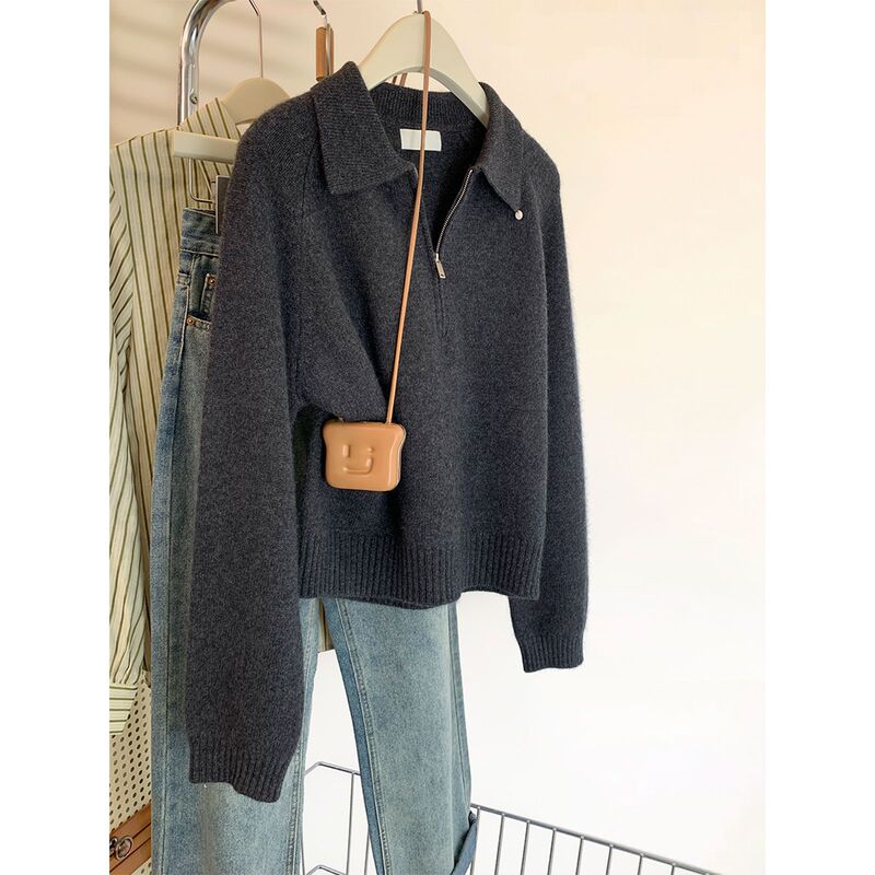 Dark gray polo collar half-zip knit sweater for women, autumn/winter 2025 new fashion, small size pullover top