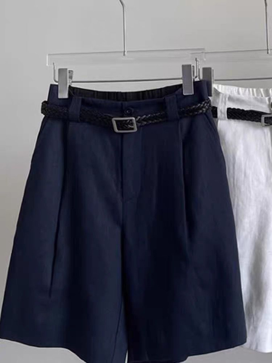 Quần short nữ cạp cao vải lanh cotton mùa hè dáng rộng thoải mái — màu xanh navy