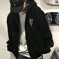 跨境代发STU斯图希美式复古水洗做旧黑8刺绣薄款夹克拉链开衫外套