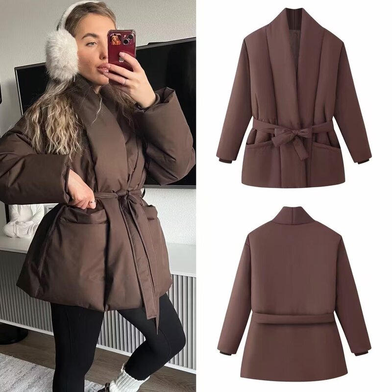 European and American Style Amazon Aliexpress Hot-Selling Fashion Trendy Versatile Solid Color Lace-Up Loose-Fitting Warm Cotton Jacket