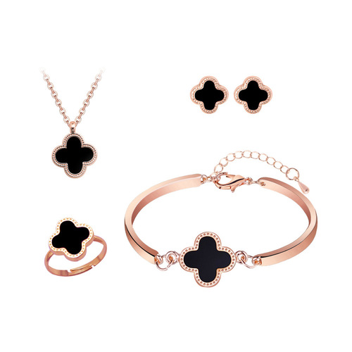 Set of Four Clover Leaf, Korean Style Rose Gold Double-Sided Necklace, Earrings, and Bracelet Decor, Factory Wholesale, Dropshipping One Piece
