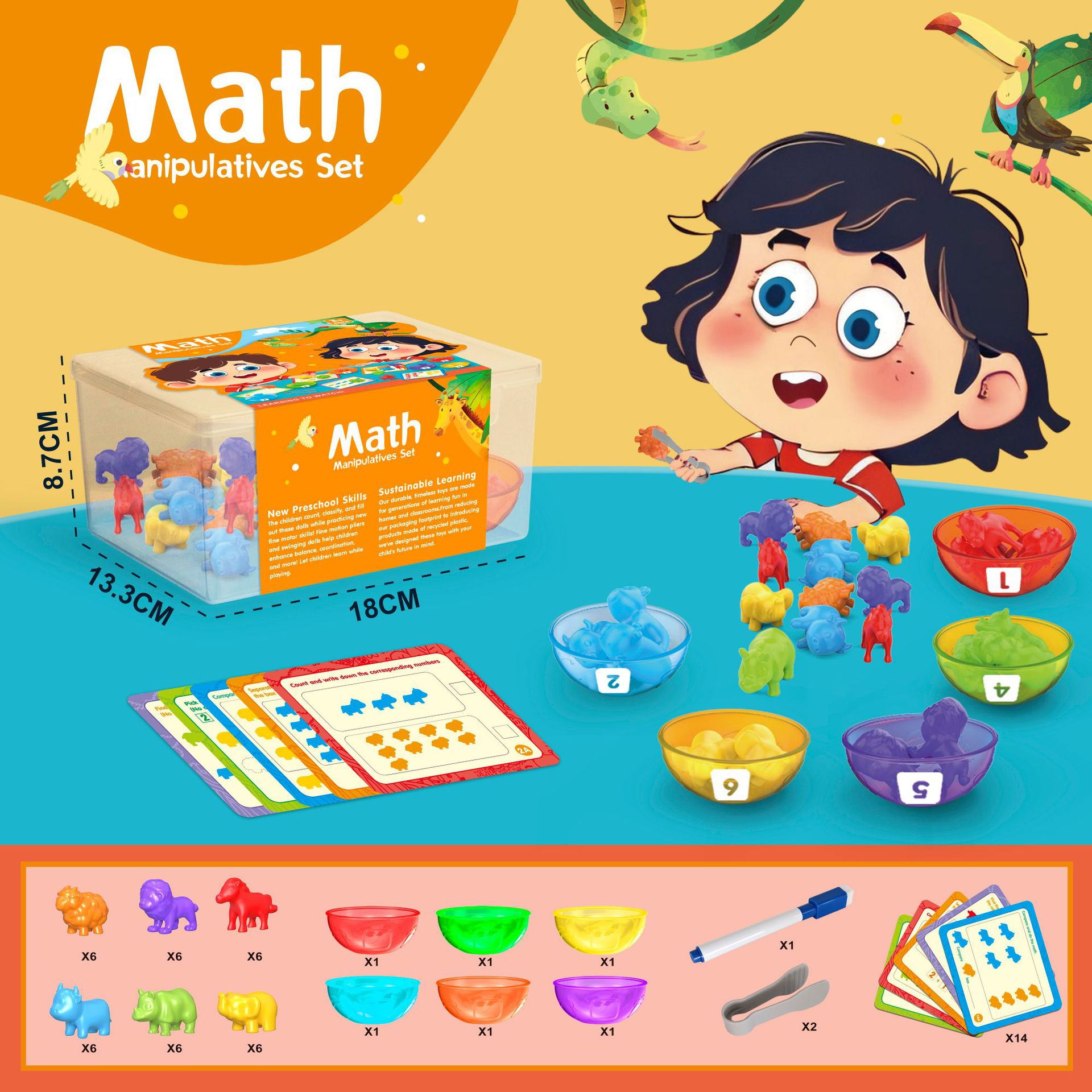 Niños transfronterizos conteo de arco iris goma suave clasificación de color de animales cognición digital Juego de ayudas didácticas Montessori Juguete de 3 años