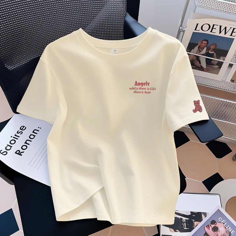 2025夏新款粉色多巴胺纯棉短袖T恤女白色宽松洋气设计感上衣ins潮|undefined