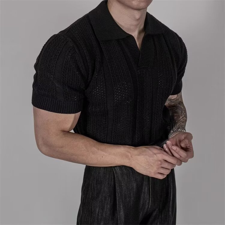Verano nuevo estilo suéter de manga corta hombre hueco seda de hielo camisa POLO solapa delgado negocio marea comercio exterior transfronterizo al por mayor