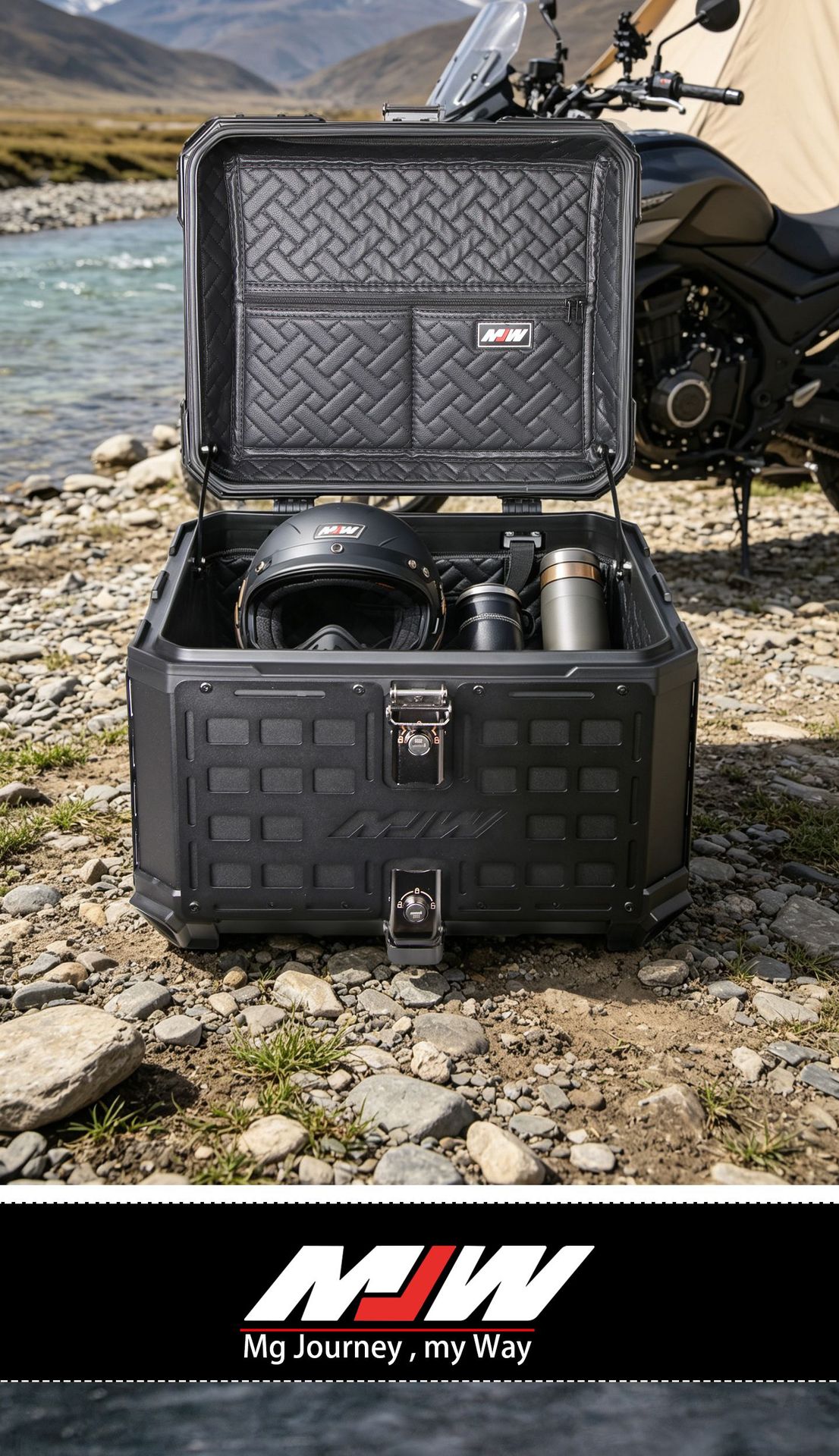 Motorcycle Mjw45L55L Black Base Black Mesh Armor Aluminum Alloy Tail Box Quick-Release Travel Toolbox Rear Tail Box