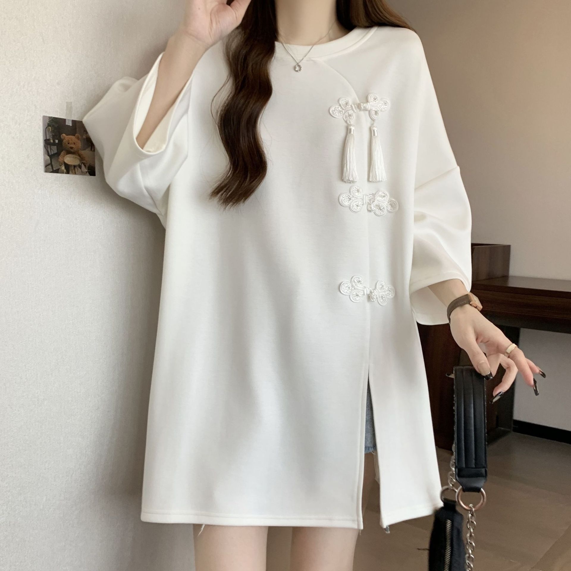 Camiseta de manga corta con hebilla de estilo nacional de la industria pesada para mujeres 2024 verano nuevo estilo suelto y delgado top de talla grande para mujeres ins image 8
