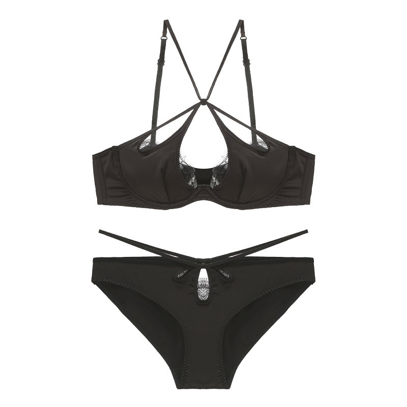 Sleek satin crisscross strap beauty back lingerie eyelash lace thin strap soft wire cup shaping bra set