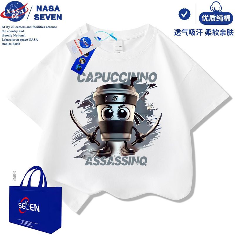 NASA 外山海経サメ忍者半袖ボーイズ 2025 新しいウッドスティックマンピュアコットン Tシャツ中大型子供用トップ|undefined