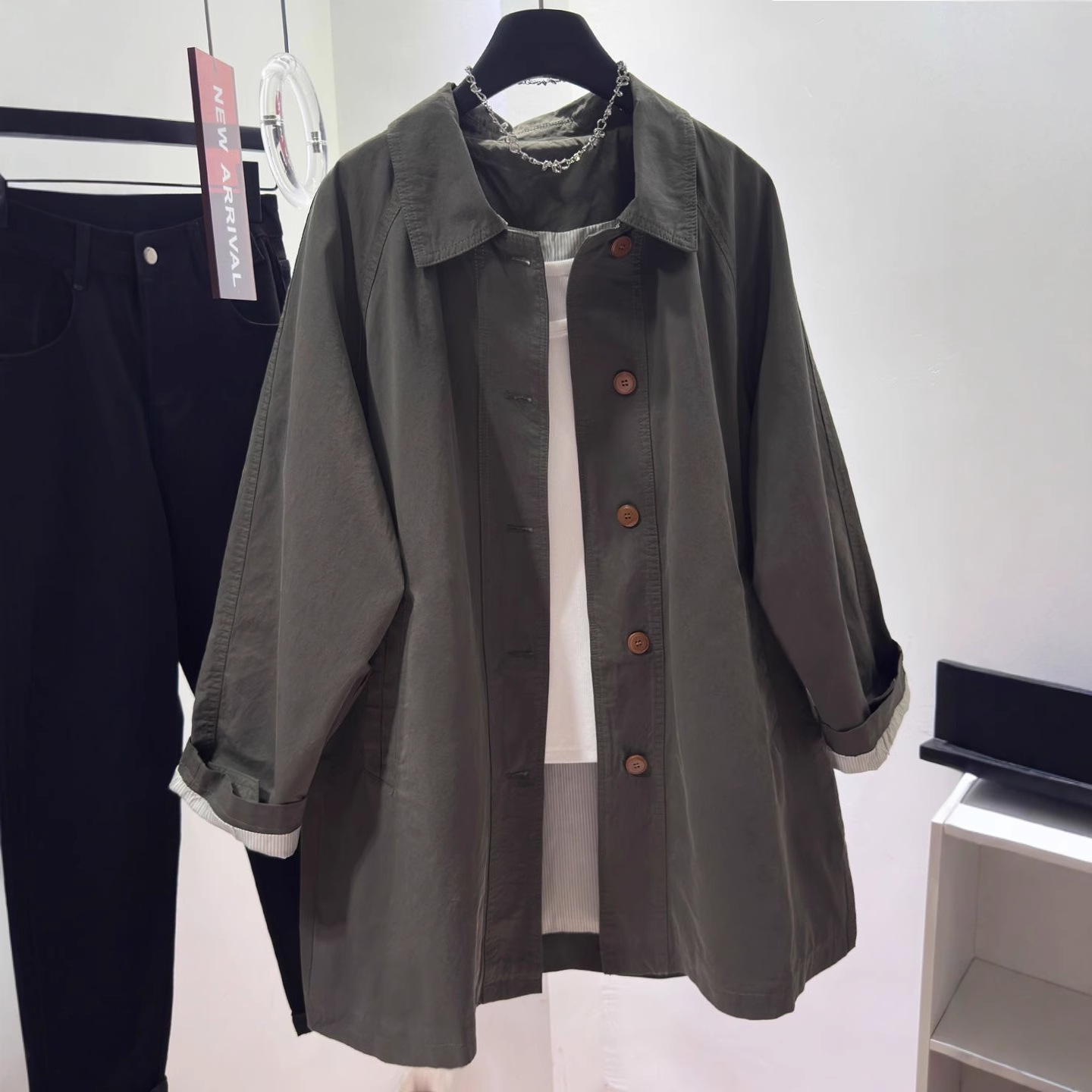 Gray Windbreaker Jacket for Women, Mid-Length, Spring and Autumn New Korean Style Casual Loose Super Nice Top