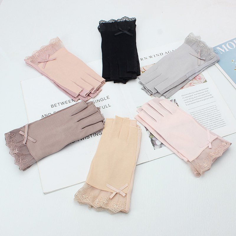 Verano medio dedo protección solar guantes mujeres delgadas ciclismo protección solar protección UV conducción encaje dedo abierto al por mayor