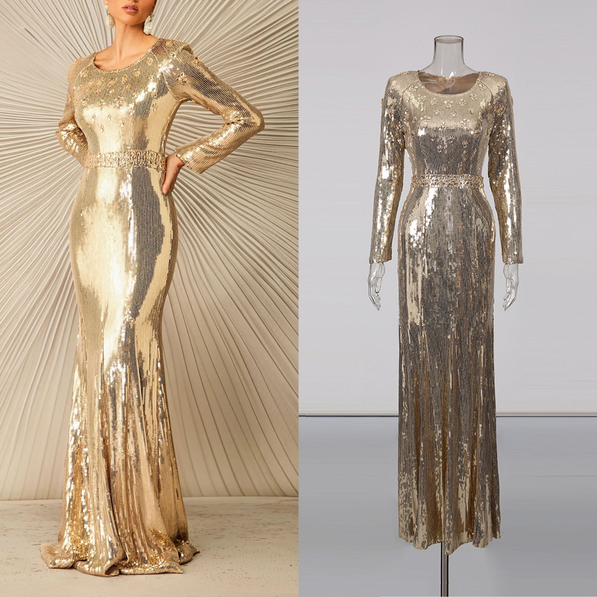 欧美明星同款金色亮片拼接晚礼服长裙2025秋冬新款女装收腰连衣裙