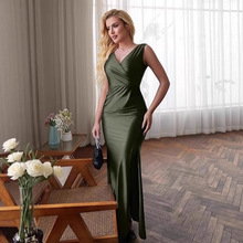 欧美修身纯色气质时尚性感外贸开叉色丁连衣裙