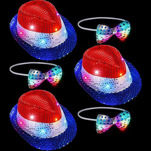 Carnival Independence Day jazz hat bow tie with lights red white and blue top hat sequin hat stage performance embroidered jazz hat