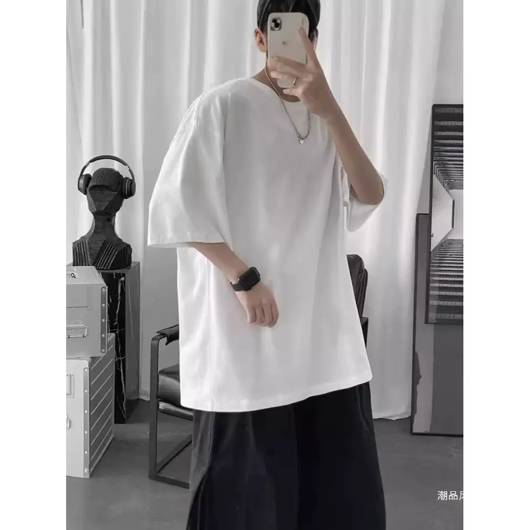 夏季新款纯色短袖大码男装T五分袖潮流学生宽松半袖加肥加大体恤