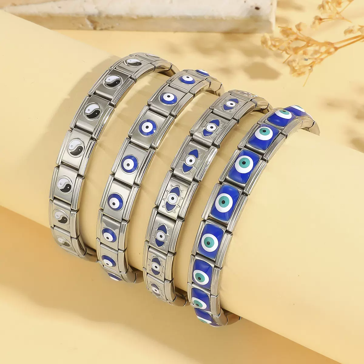 手镯女 欧美星星不锈钢模块手镯方块挂钩星形光面模块弹力DIY手链