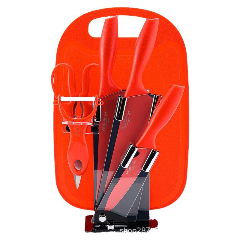 En stock palo de trigo conjunto de siete piezas de regalo de color de acero inoxidable hogar cuchillo conjunto traje cuchillo suplemento de alimentos para bebés tabla de cortar