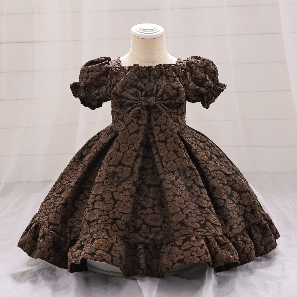 外貿新款嬰幼兒童禮服蝴蝶結泡泡袖壓花公主裙寶寶生日周歲洗禮服