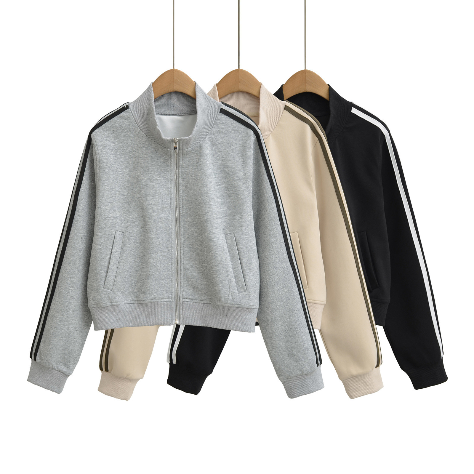 两道杠立领拉链运动卫衣春秋新款女装外套休闲宽松收腰短款上衣女