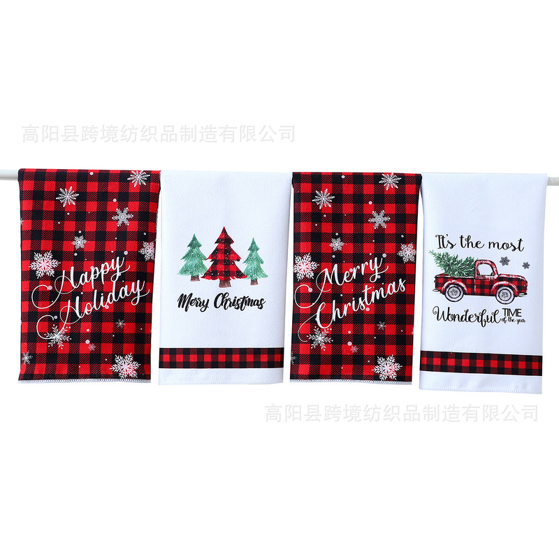 TEMU Xiyin ドロップシッピングクリスマススノーフレーク黒赤チェック柄マイクロファイバーピュアポリエステルキッチンティータオルディッシュタオル|undefined