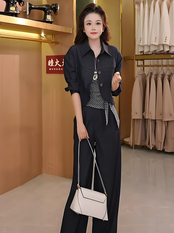时尚套装女2025秋季新款洋气短款外套不规则格纹吊带阔腿裤三件套|undefined