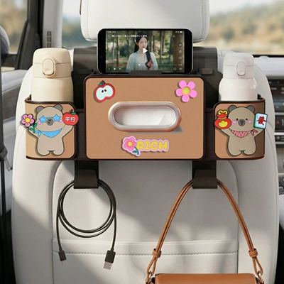 Car tissue box/set | multifunctional tissue box, phone holder - peace-and-prosperity-4-in-1-seat-storage-box-4th-generation-brown