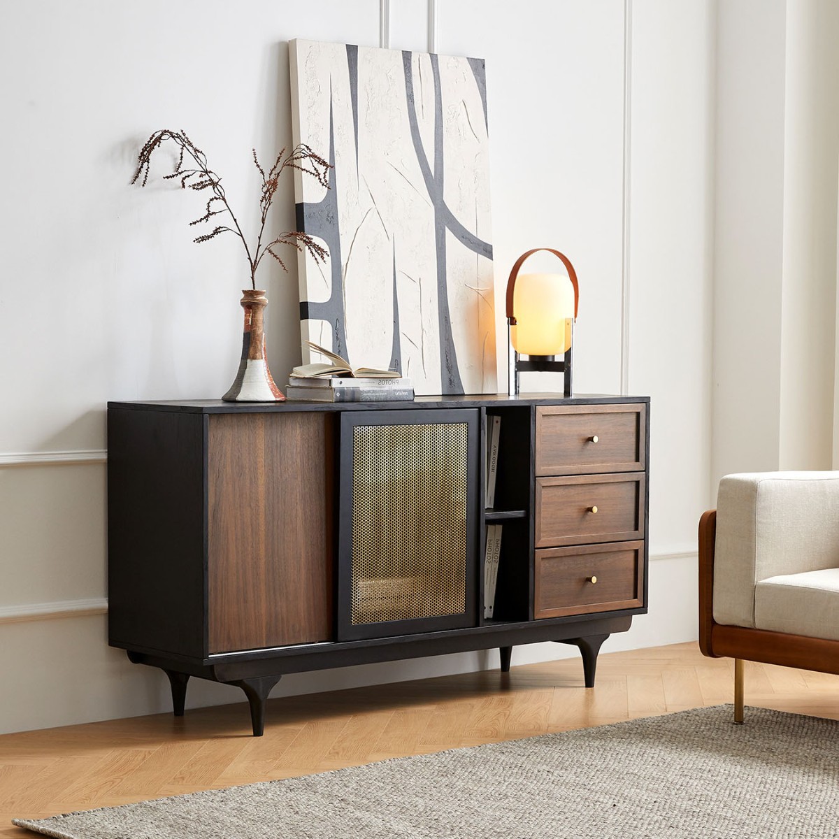 Sideboard Antique Style Walnut Color Nordic Modern Simple Solid Wood Restaurant Entrance Cabinet Storage Cupboard Sliding Door