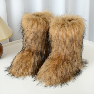 European and American Style Winter Furry Snow Boots Y2K Fashionable Warm Mid-Calf Boots Imitation Raccoon Fur Sleeve Thickeneded Furry Boots