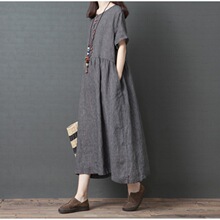 韩版宽松时尚条纹棉麻圆领短袖连衣裙女装中长款裙子2022夏季新款