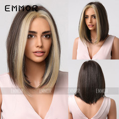 Amazon Cross-border wig for Europe and America, medium-length black highlighted straight hair bob wave shiny high-temperature silk full head wig