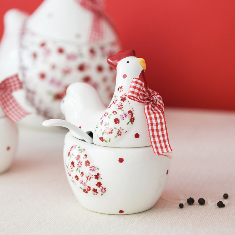 INS estilo vajilla rojo floral de pollo de cerámica tarro de condimento tarro de azúcar tarro de sal tarro de condimento de pollo creativo Pascua